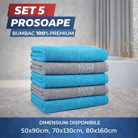 Set 5 Prosoape Baie Premium, 100% Bumbac, Absorbante și Pufoase, Gri/Turcoaz