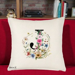 Cadou Personalizat - Perna Personalizata Monogram Litera J cu Flori Acuarela, 40x40 cm, Crem Reliefat, Husa Detasabila, Perna Inclusa, BEKZ®