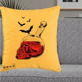 Perna Decorativa Halloween Craniu-Sticla cu Lilieci, 40x40 cm, Galben, Husa Detasabila, Perna Inclusa, BEKZ®