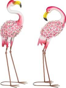 Outsunny Set 2 statuete Flamingo pentru grădină, păsări metalice cu pene florale, sculpturi cu țăruși de ancorare, Roșu | Aosom Romania