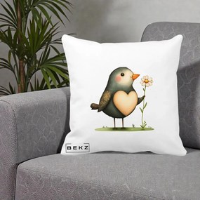 Perna Decorativa Pasare cu Inima si Margareta, 40x40 cm, Alba Mata, Husa Detasabila, Perna Inclusa, BEKZ®