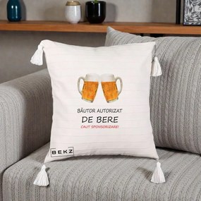 Perna Decorativa Bautor Autorizat de Bere, 40x40 cm, Bej cu Franjuri, Husa Detasabila, Perna Inclusa, BEKZ®