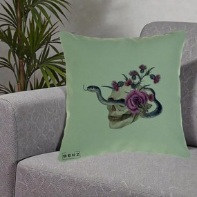 Perna Decorativa Craniu cu Sarpe si Trandafiri Gothic, 40x40 cm, Verde, Husa Detasabila, Perna Inclusa, BEKZ®