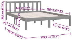 Cadru de pat, gri, 140x190 cm, lemn de pin masiv Gri, 140 x 190 cm