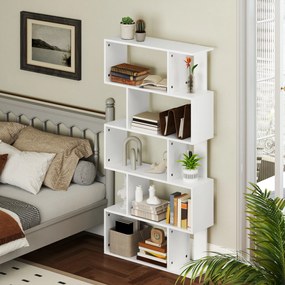 HOMCOM Bibliotecă Asimetrică în Formă de S cu 5 Niveluri și 10 Rafturi Deschise, 80x24x159 cm, Alb | Aosom Romania