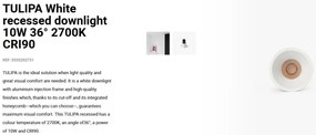 Spot LED incastrabil TULIPA White recessed downlight 10W 36° 2700K CRI90