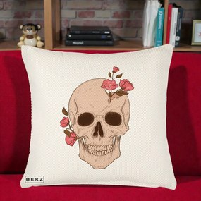 Perna Decorativa Craniu Floral Gothic, 40x40 cm, Crem Reliefat, Husa Detasabila, Perna Inclusa, BEKZ®