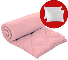 Set pilota iarna, umplutura lana, material damasc policoton, 140x210cm, matlasata, roz, Pucioasa cu 2 perne, matlasate, antialergice, 50x70cm, albe, Pucioasa