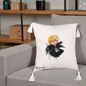 Perna Personalizata Bleach Ichigo Chibi cu Masca, 40x40 cm, Bej cu Franjuri, Husa Detasabila, Perna Inclusa, BEKZ®