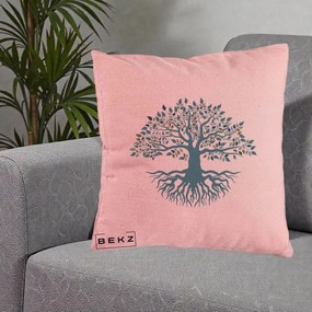 Perna Decorativa Copacul Vietii Teal cu Radacini, 40x40 cm, Roz, Husa Detasabila, Perna Inclusa, BEKZ®