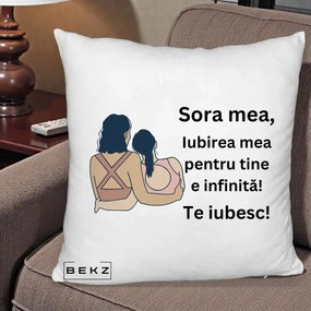 Cadou pentru Sora - Perna Personalizata Sora Mea Te Iubesc Doua Fete Fashioniste Line Art, 40x40 cm, Alb Pufos, Husa Detasabila, Perna Inclusa, BEKZ®