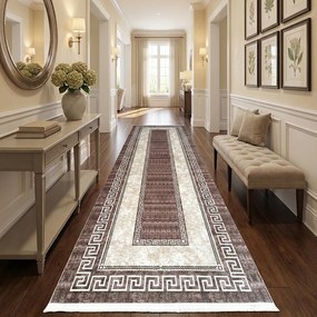 Traversă hol antiderapantă, 400 cm, model clasic geometric, bej-maro