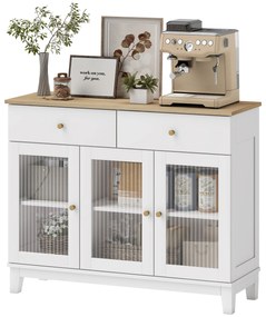 HOMCOM Bufet salon cu 2 dulapuri cu uși din sticlă temperată canelată, 2 sertare și rafturi reglabile, 100 x 35 x 80,3 cm, alb | Aosom Romania