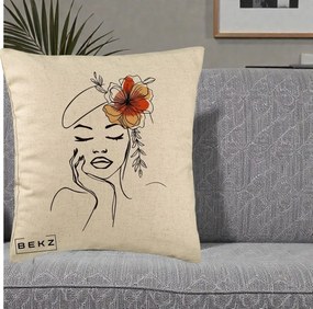 Perna Decorativa Portret Feminin Flori Palarie, 40x40 cm, Bej, Husa Detasabila, Perna Inclusa, BEKZ®
