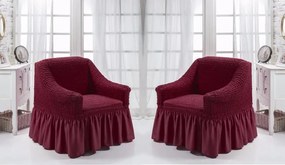 Set 2 huse elastice si creponate pentru fotolii, cu volanas, culoare Bordo