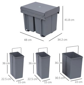 HOMCOM Cos de Gunoi Ecologic cu 3 Containere Separate Capacitate Total 40L, Gri 48x34.2x41.8cm