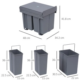 HOMCOM Cos de Gunoi Ecologic cu 3 Containere Separate Capacitate Total 40L, Gri 48x34.2x41.8cm | Aosom Romania