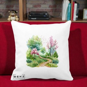 Perna Decorativa Gradina Primavara Acuarela, 40x40 cm, Alba Mata, Husa Detasabila, Perna Inclusa, BEKZ®