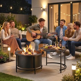 Outsunny Focar 66 x 63 x 41 cm Rotund loc de foc cu grătar, cârlig, capac, suport Negru | Aosom Romania