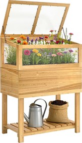 Outsunny Jardinieră înaltă cu seră din lemn, ladă de plantare ridicată cu capac rabatabil, raft, material nețesut, ergonomic | Aosom Romania