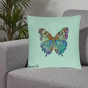 Perna Decorativa Fluture Acuarela Multicolor Portocaliu-Bleu-Mov, 40x40 cm, Verde Menta, Husa Detasabila, Perna Inclusa, BEKZ®