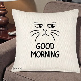 Perna Decorativa Pisica Morocanoasa Good Morning, 40x40 cm, Crem Reliefat, Husa Detasabila, Perna Inclusa, BEKZ®