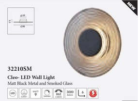 Aplica LED metal negru mat sticla fumurie Cleo