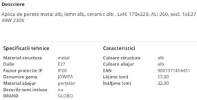 Aplica cu suspensie stil industrial JOWITA alb-negru