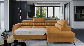 Colțar galben extensibil/cu spațiu de depozitare cu tapițerie din catifea (cu colț pe partea dreaptă/în formă de ”L”) Laurence – ELTAP