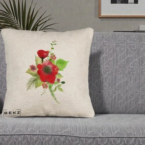 Perna Decorativa Buchet Rosu Acuarela, 40x40 cm, Bej Canapea, Husa Detasabila, Perna Inclusa, BEKZ®