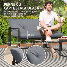 Outsunny Set Mobilier de Exterior cu Măsuță din Sticlă, Canapea, 2 Fotolii și Perne, Gri | Aosom Romania