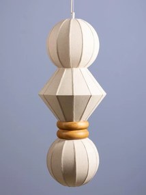 Lustra suspendată din bumbac și in, natur, cu structură din lemn, formă geometrică, 95x38 cm, „Lumea"
