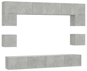 Set dulap TV, 8 piese, gri beton, lemn prelucrat 8, Gri beton, 100 x 30 x 30 cm
