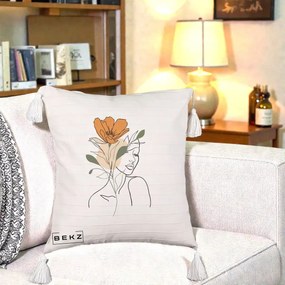 Perna Decorativa Portret Feminin Floare Portocalie, 40x40 cm, Bej cu Franjuri, Husa Detasabila, Perna Inclusa, BEKZ®