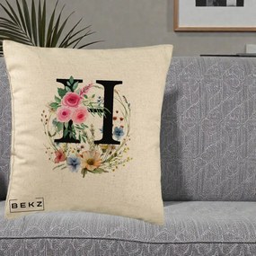 Cadou Personalizat - Perna Personalizata Monogram Litera H cu Flori Acuarela, 40x40 cm, Bej, Husa Detasabila, Perna Inclusa, BEKZ®