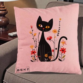 Perna Decorativa Pisica Neagra Ochi Galbeni Flori, 40x40 cm, Roz, Husa Detasabila, Perna Inclusa, BEKZ®