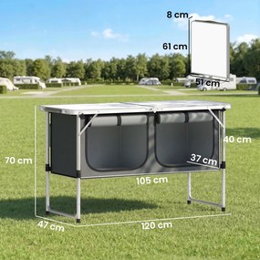 Outsunny Masă de Bucătărie pentru Camping Pliabilă cu Dulap din Material Oxford Cadru din Aluminiu pentru Picnic 120x47x70 cm Argintiu | Aosom Romania