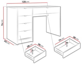 BIA4 - Birou 120 cm, masa de calculator cu 5 sertare, office - Alb cu Riflaje