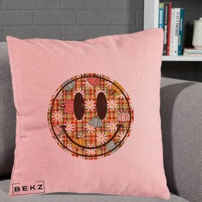 Perna Decorativa Smiley Face de Toamna cu Tartan si Dovlecei, 40x40 cm, Roz, Husa Detasabila, Perna Inclusa, BEKZ®