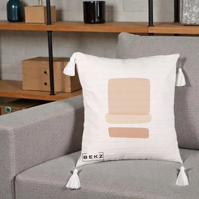 Perna Decorativa Abstract Forme Bej Poudre, 40x40 cm, Bej cu Franjuri, Husa Detasabila, Perna Inclusa, BEKZ®