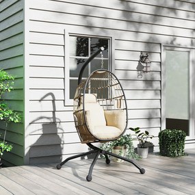 Outsunny Fotoliu Suspendat Tip Ou cu Lanț Reglabil, 2 Perne Detașabile și Suport pentru Pahare, Scaun Balansoar Pliabil pentru Grădină, Bază în X din Oțel, pentru Interior și Exterior, 120x88x192 cm, Bej | Aosom Romania