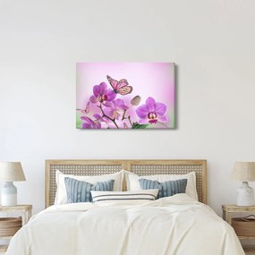 Tablou - Fluture pe flori de orhidee, liliac (90x60 cm)