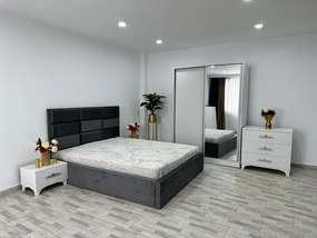 Dormitor complet Roma, culoare gri / alb, cu pat Roma 160 x 200 cm, dressing Erika, 2 noptiere si comoda Viena