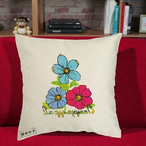 Perna Decorativa Trei Flori Grafice Pop Art, 40x40 cm, Ecru, Husa Detasabila, Perna Inclusa, BEKZ®
