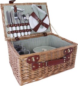 Coș de picnic mare din răchită împletită cu căptușeală în dungi verzi, pentru 4 persoane, „Vendela Large Green"