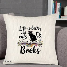 Perna Personalizata Life is Better Cats and Books, 40x40 cm, Crem Reliefat, Husa Detasabila, Perna Inclusa, BEKZ®
