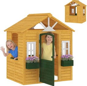 AIYAPLAY Căsuță de joacă din lemn pentru exterior cu ușă 3 ferestre 2 jardiniere pentru copii 3-8 ani 134,5 x 97 x 150 cm Maro | Aosom Romania