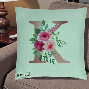 Cadou Personalizat - Perna Personalizata Monograma Rose Gold Litera K, 40x40 cm, Verde Menta, Husa Detasabila, Perna Inclusa, BEKZ®