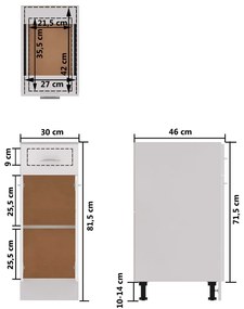 Dulap inferior cu sertar, alb extralucios, 30x46x81,5 cm, PAL Alb foarte lucios, Dulap inferior cu sertar 30 cm, 1