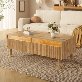 Masă de cafea cu LED, 2 sertare și iluminare LED, 110x50x40 cm, Culoare naturală